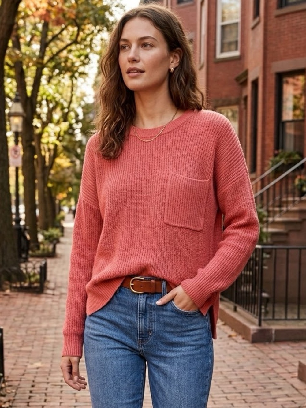 Madewell Thompson Pocket Pullover Sweater Heather Lipstick Size S